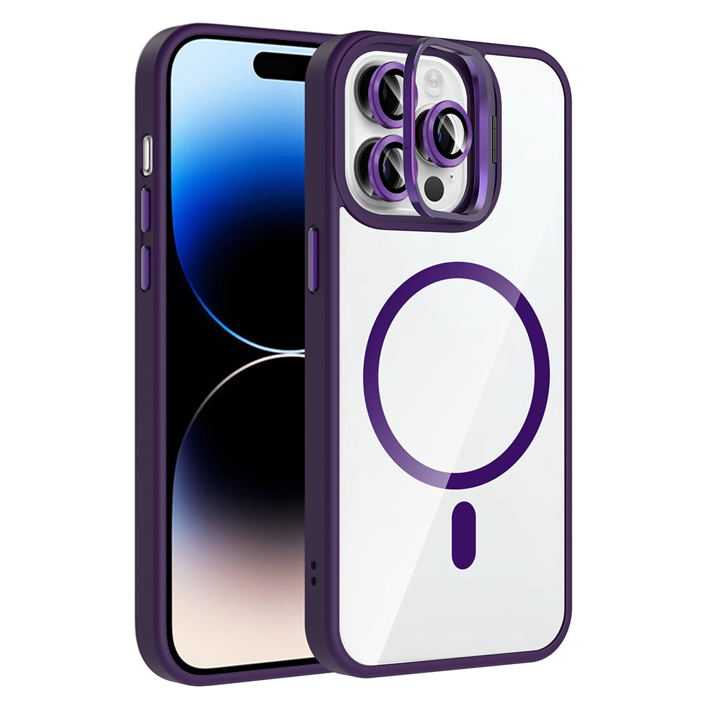 Apple iPhone 14 Pro Max Kılıf Standlı ve Kamera Lens Hediyeli M-Safe Şarj Özellikli Zore Etro Kapak