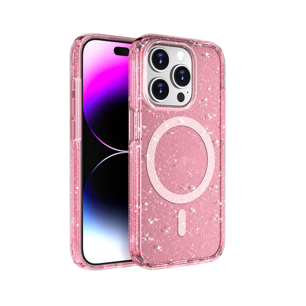 Apple iPhone 15 Pro Kılıf M-safe Şarj Özellikli Parlayan Simli Saydam Renkli Zore Allstar Kapak